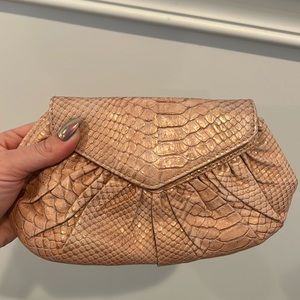 Lauren Merkin Pink Metallic Snakeskin Clutch with gold chain
